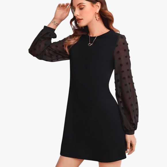 Black A-line midi dress with sheer mesh long sleeves size XL - Picture 2 of 10